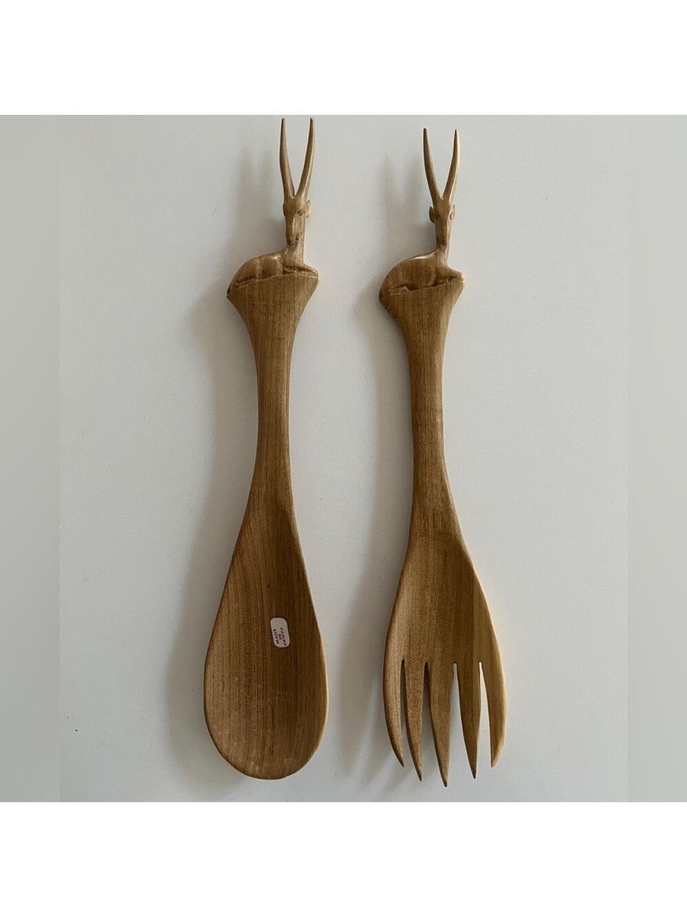 VINTAGE Carved Wood Salad Serving Set Antelope Gazelle Handle Made Kenya Unused